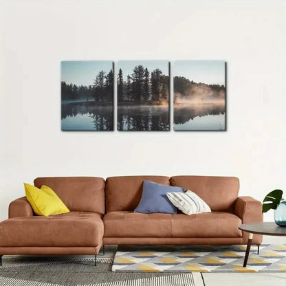 3pcs Trees with Misty Lake Reflection Painting Metal Print Ready to Hang Art