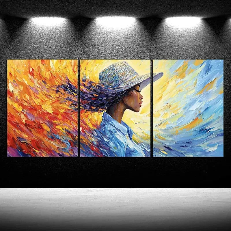 3pcs Elegant Trio Chic Woman in Sun Hat Metal Print Ready to Hang Art