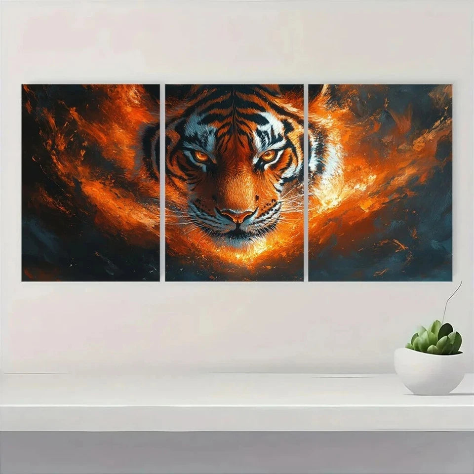 3pcs Glowing Tiger Vibrant Orange & Black Metal Print Ready to Hang Art