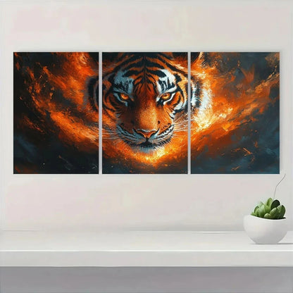 3pcs Glowing Tiger Vibrant Orange & Black Metal Print Ready to Hang Art
