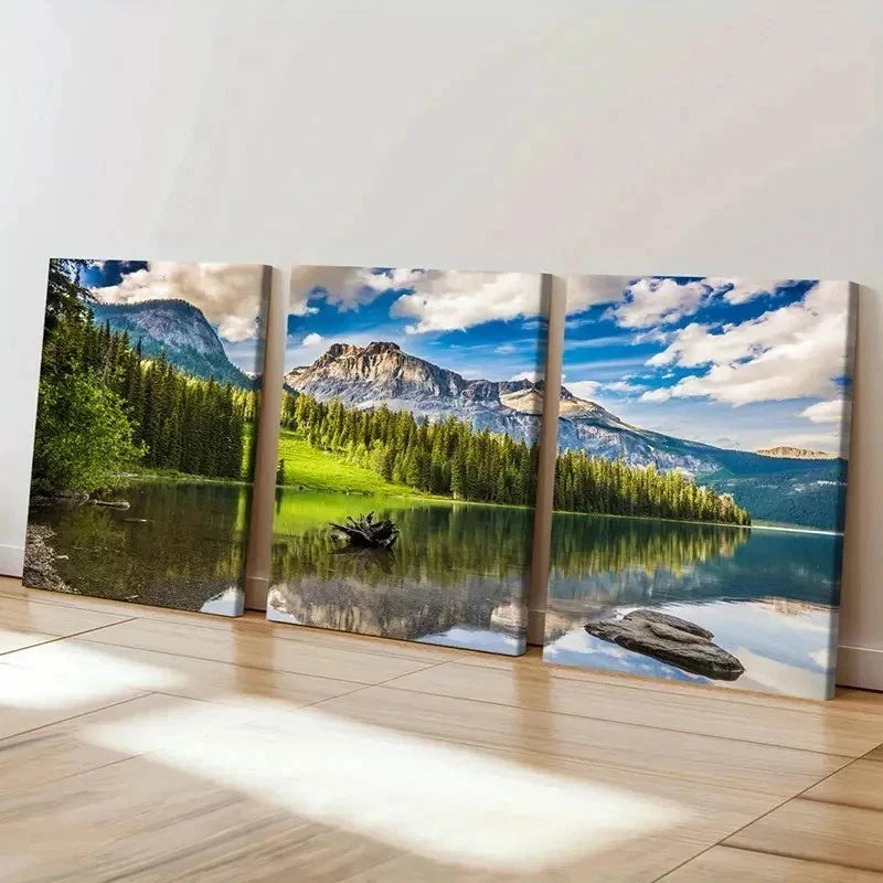 3pcs Mountains Lakes and Green Forests  Wall Art Set Canvas Framed 40x60cm - High Quality Print 100% Australian Made Wall Canvas Ready to Hang