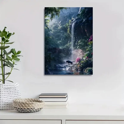 Beautiful Vibrant Panther & Waterfall Scene Painting 40x60cm Metal Print Ready to Hang