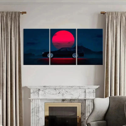 3pcs Modern Car in Red Sun Scene Decor Wall Art Set Canvas Framed 40x60cm - High Quality Print 100% Australian Made Wall Canvas Ready to Hang