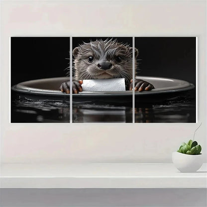3pcs Charming Otter with Toilet Paper Black White Metal Print Ready to Hang Art