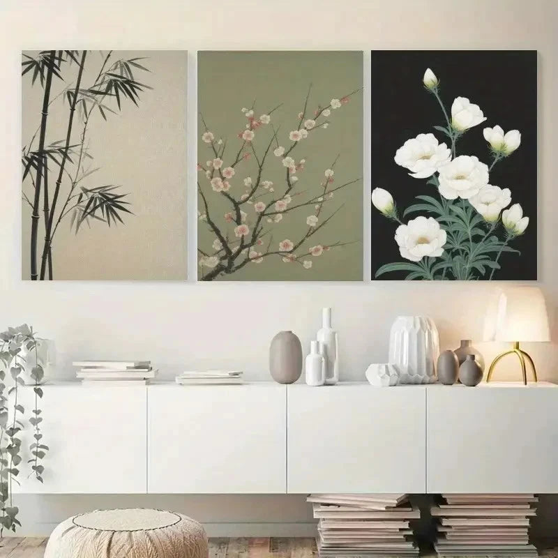 3pcs Bamboo Plum Blossom White Flowers Paintings Metal Print Ready to Hang Art