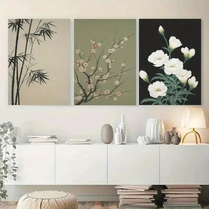 3pcs Bamboo Plum Blossom White Flowers Paintings Metal Print Ready to Hang Art
