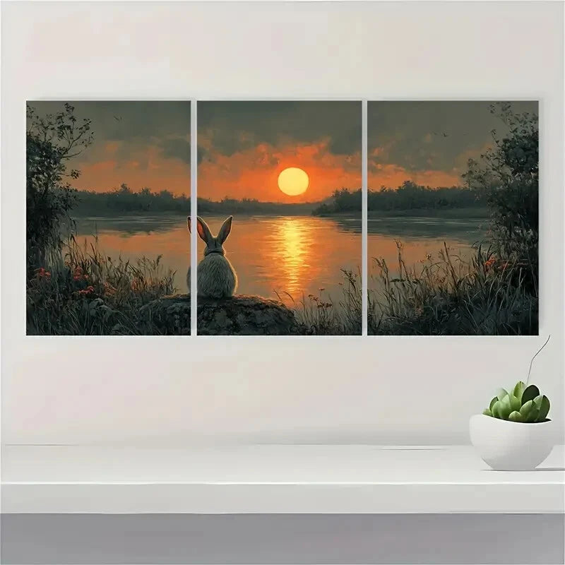 3pcs Riverside Rabbit Warm Sunset Hues Metal Print Ready to Hang Art
