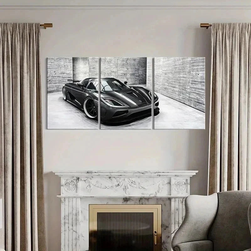 3pcs Modern Black Super Car in the Snow Wall Art Set Canvas Framed 40x60cm - High Quality Print 100% Australian Made Wall Canvas Ready to Hang