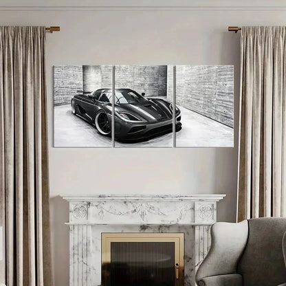 3pcs Modern Black Super Car in the Snow Wall Art Set Canvas Framed 40x60cm - High Quality Print 100% Australian Made Wall Canvas Ready to Hang