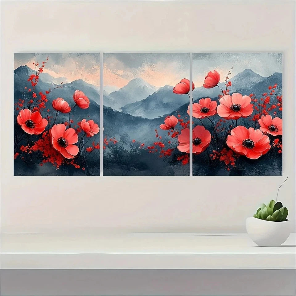 3pcs Painting Fresh Flowers Mountain Metal Print Ready to Hang Art