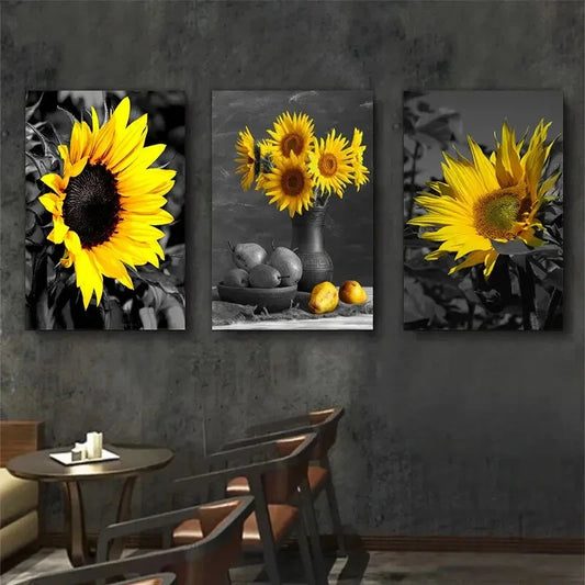 3pcs Black and White Paintings Modern Sunflowers Metal Print Ready to Hang Art