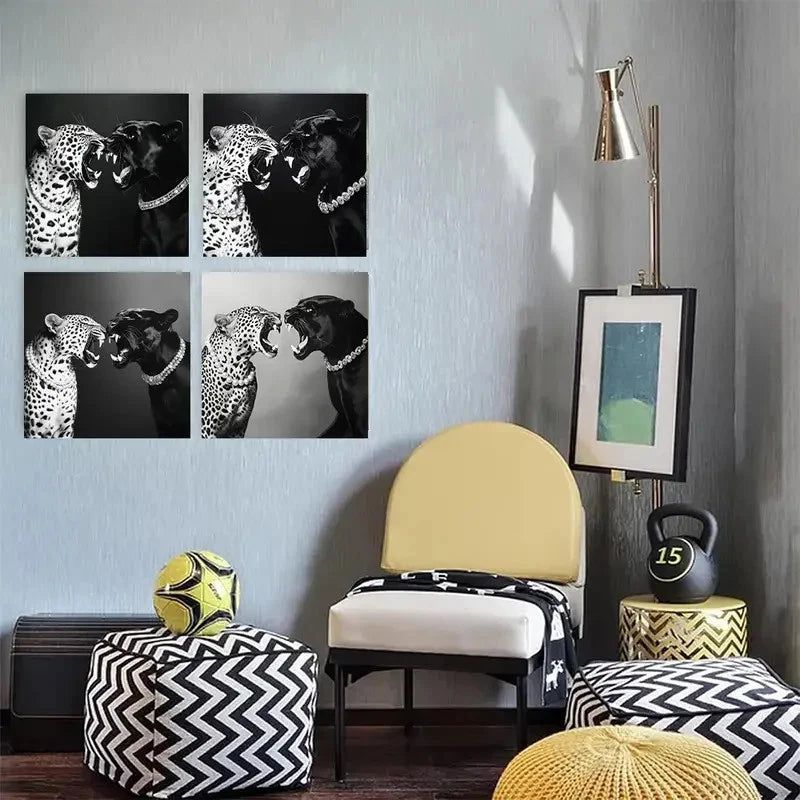 4pcsBlack and white fun cheetahWall Art Canvas Framed