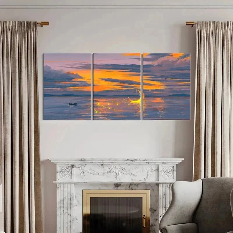 3pcs Sea Surface At Dusk and Moon Wall Art Set Canvas Framed 40x60cm - High Quality Print 100% Australian Made Wall Canvas Ready to Hang