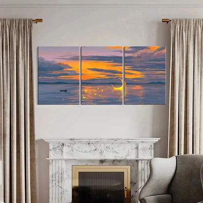 3pcs Sea Surface At Dusk and Moon Wall Art Set Canvas Framed 40x60cm - High Quality Print 100% Australian Made Wall Canvas Ready to Hang
