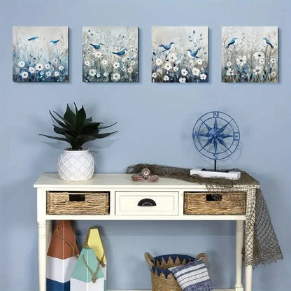 4pcsStyle Blue & White Floral BirdWall Art Canvas Framed