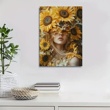 Stunning Sunflower Design with Elegant Woman 40x60cm Metal Print Ready to Hang