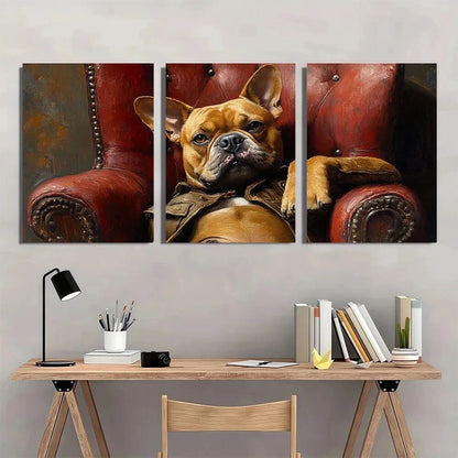 3pcs Humorous Brown Bulldog Animal Themed Metal Print Ready to Hang Art