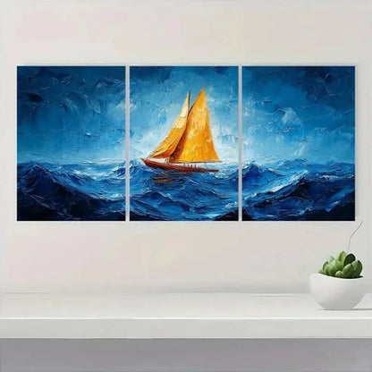 3pcs Vibrant Blue Seascape with Orange SF Wall Art Set Canvas Unframed - High Quality Print 100% Australian Made Wall Canvas