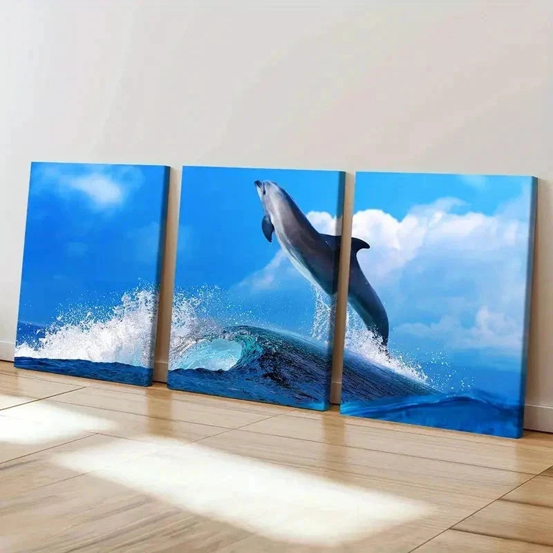 3pcs Dolphins Jumping Out Of The Sea Wall Art Set Canvas Framed 40x60cm - High Quality Print 100% Australian Made Wall Canvas Ready to Hang