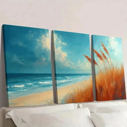3pcs Beach Scene with Sea Oats Blowing Wall Art Set Canvas Framed 40x60cm - High Quality Print 100% Australian Made Wall Canvas Ready to Hang