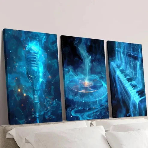 3pcs Blue Smokey Microphone Vinyl Record Piano Wall Art Canvas Unframed - High Quality Print 100% Australian Made Wall Canvas