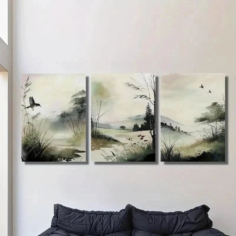 3pcs Birds & Trees Classic Landscape Painting Wall Art Set Canvas Framed 40x60cm - High Quality Print 100% Australian Made Wall Canvas Ready to Hang