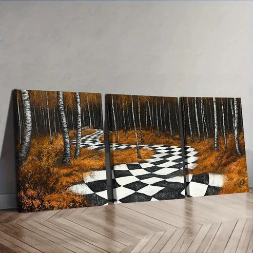 3pcs Black & White Checkered Pathway in Forest Wall Art Set Canvas Unframed – High Quality Print 100% Australian Made Wall Canvas