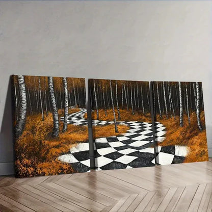 3pcs Black & White Checkered Pathway in Forest Wall Art Set Canvas Unframed – High Quality Print 100% Australian Made Wall Canvas