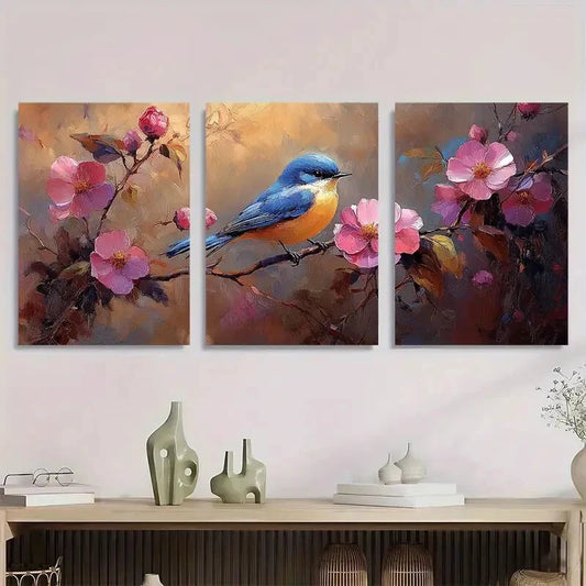 3pcs Elegant Purple Rose Bluebird Floral Metal Print Ready to Hang Art