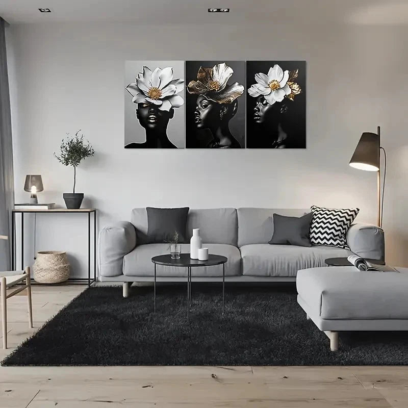 3pcs Black & White with Golden Accents Metal Print Ready to Hang Art