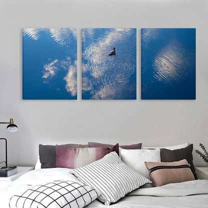 3pcs Blue Lake Scene with Ripples Cloud Duck   Wall Art Set Canvas Framed 60x90cm - High Quality Print 100% Australian Made Wall Canvas Ready to Hang