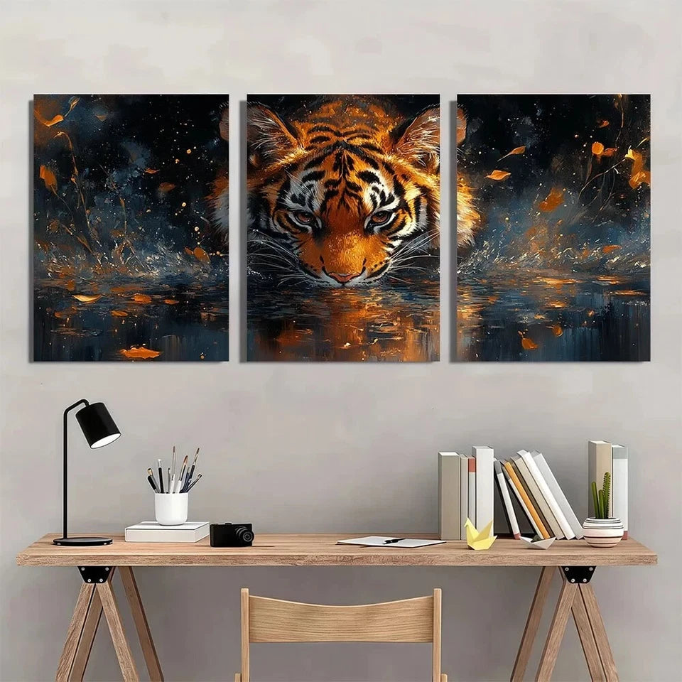 3pcs Tiger Reflection Animal Theme Metal Print Ready to Hang Art