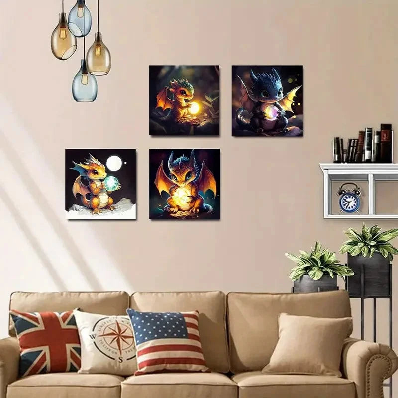 4pcs Modern Baby Dragon Wall Art Canvas Framed