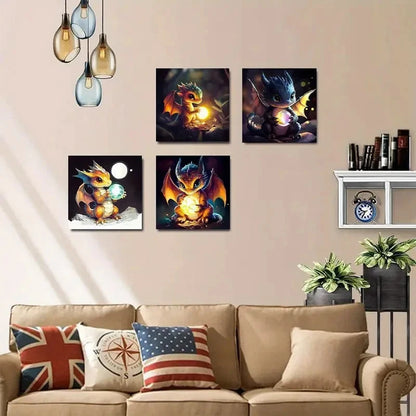 4pcs Modern Baby Dragon Wall Art Canvas Framed