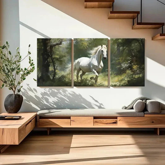 3pcs Showcasing a White Horse in The Forest Metal Print Ready to Hang Art