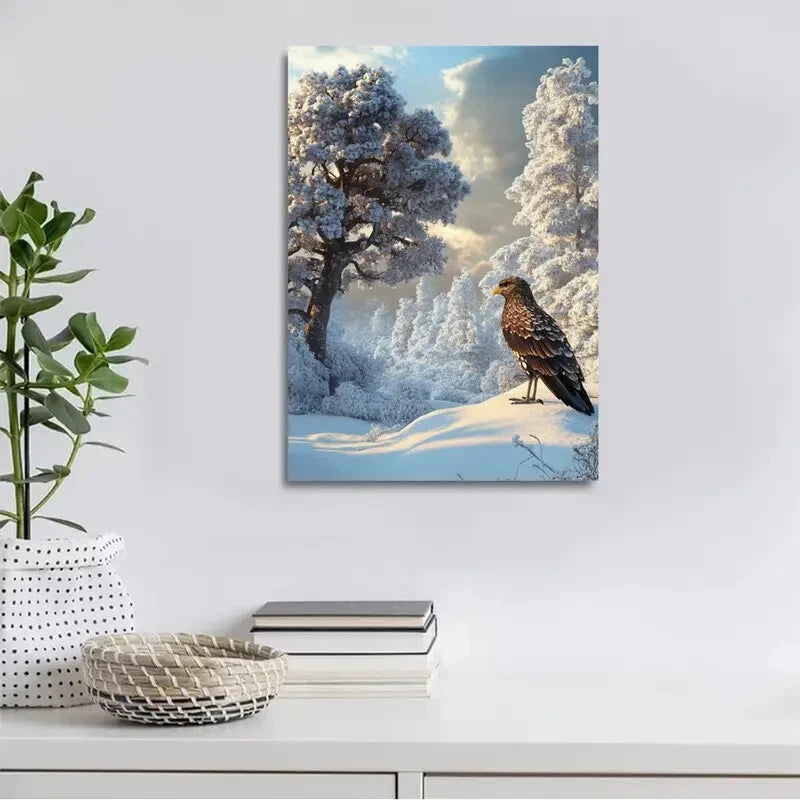 Medieval Bird & Tree on Snowy Landscape Painting 40x60cm Metal Print Ready to Hang