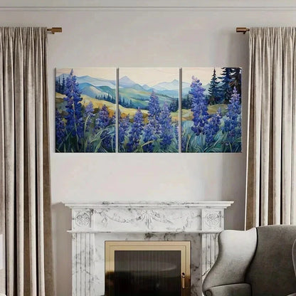 3pcs Mountain Landscape Blue Lupine Flowers Wall Art Set Canvas Framed 40x60cm - High Quality Print 100% Australian Made Wall Canvas Ready to Hang