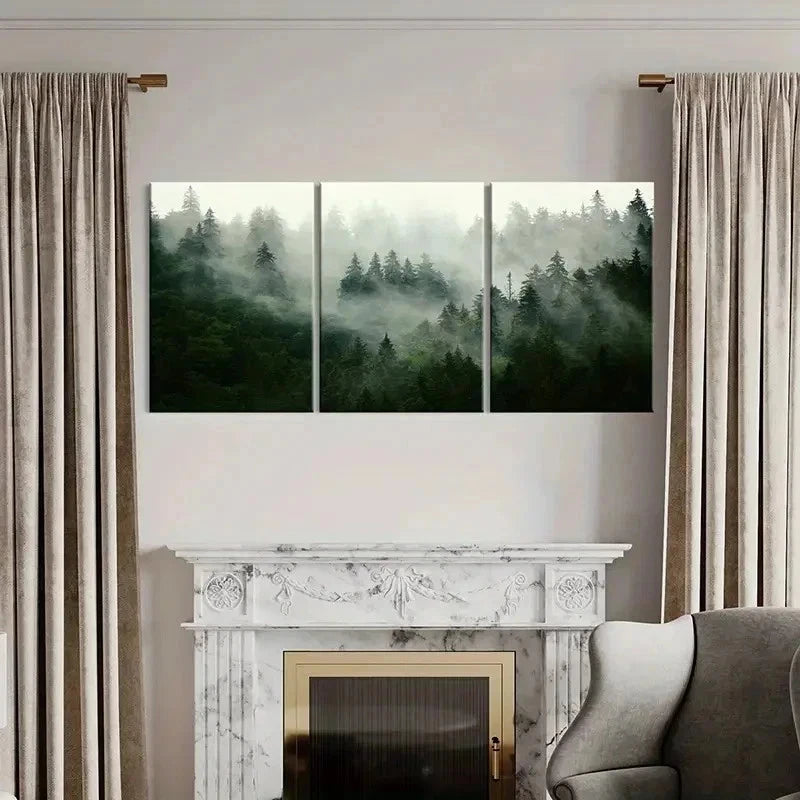 3pcs Forest Fog and Tall Trees Landscape Wall Art Set Canvas Framed 40x60cm - High Quality Print 100% Australian Made Wall Canvas Ready to Hang
