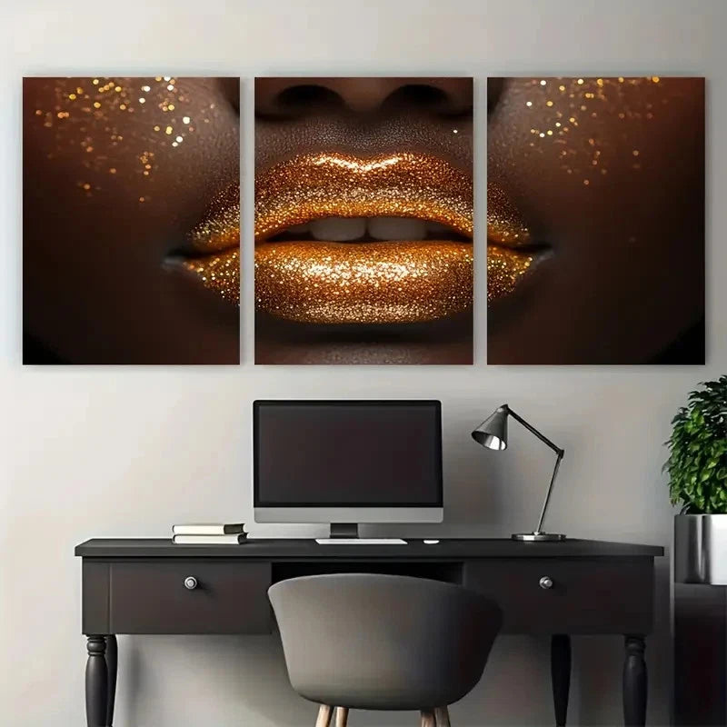 3pcs Woman In Golden Sparkles Lips Décor Perfect  Wall Art Set Canvas Framed 40x60cm - High Quality Print 100% Australian Made Wall Canvas Ready to Hang