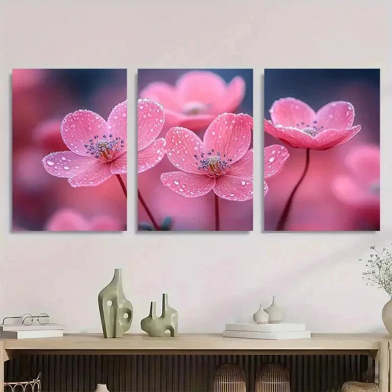 3pcs Elegant Pink Flowers On Dark Perfect Wall Art Set Canvas Framed 40x60cm - High Quality Print 100% Australian Made Wall Canvas Ready to Hang