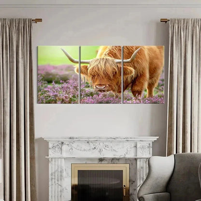 3pcs Highland Cattle & Purple Wild Flowers Wall Art Set Canvas Framed 40x60cm - High Quality Print 100% Australian Made Wall Canvas Ready to Hang