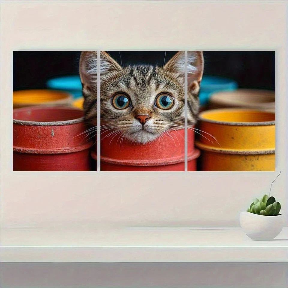 3pcs Whimsical Cat Vibrant Blue-Eyed Kitten Metal Print Ready to Hang Art