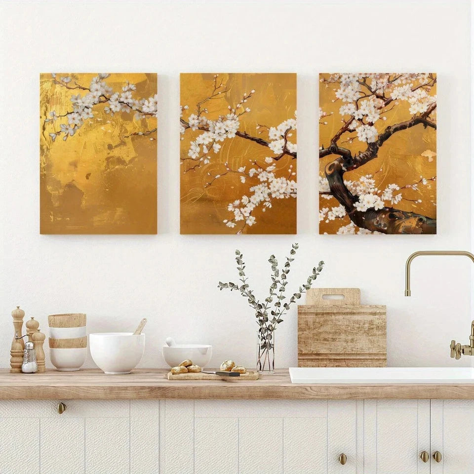 3pcs Cherry Blossoms Golden Vintage Metal Print Ready to Hang Art