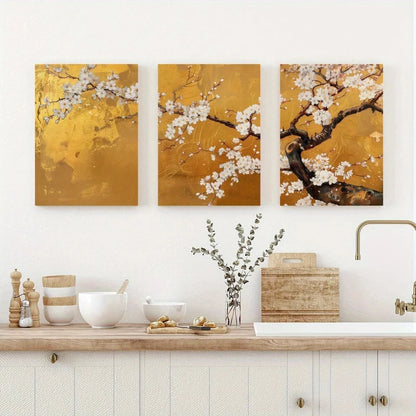 3pcs Cherry Blossoms Golden Vintage Metal Print Ready to Hang Art