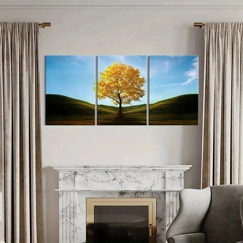 3pcs Golden Trees In The Valley Modern Wall Art Set Canvas Framed 40x60cm - High Quality Print 100% Australian Made Wall Canvas Ready to Hang