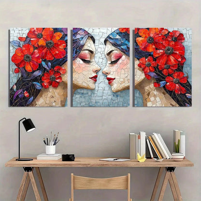 3pcs Vibrant Mosaic Colorful Floral and Abstract Metal Print Ready to Hang Art
