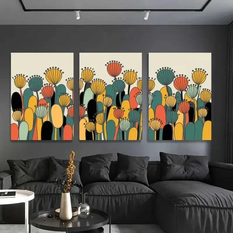 3pcs Abstract Flowers Geometric Shapes Metal Print Ready to Hang Art