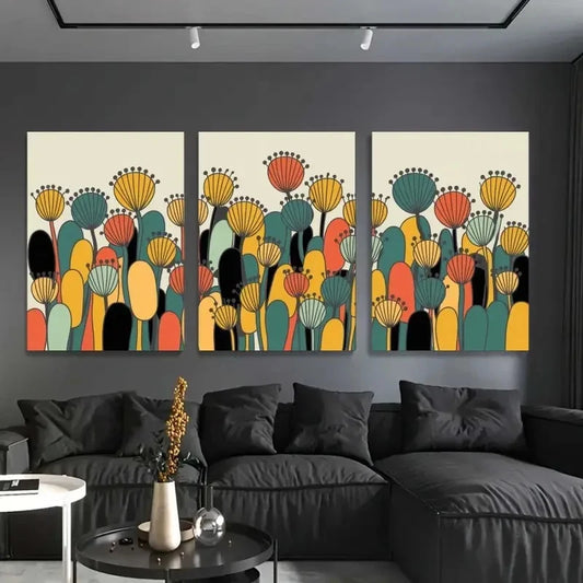 3pcs Abstract Flowers Geometric Shapes Metal Print Ready to Hang Art