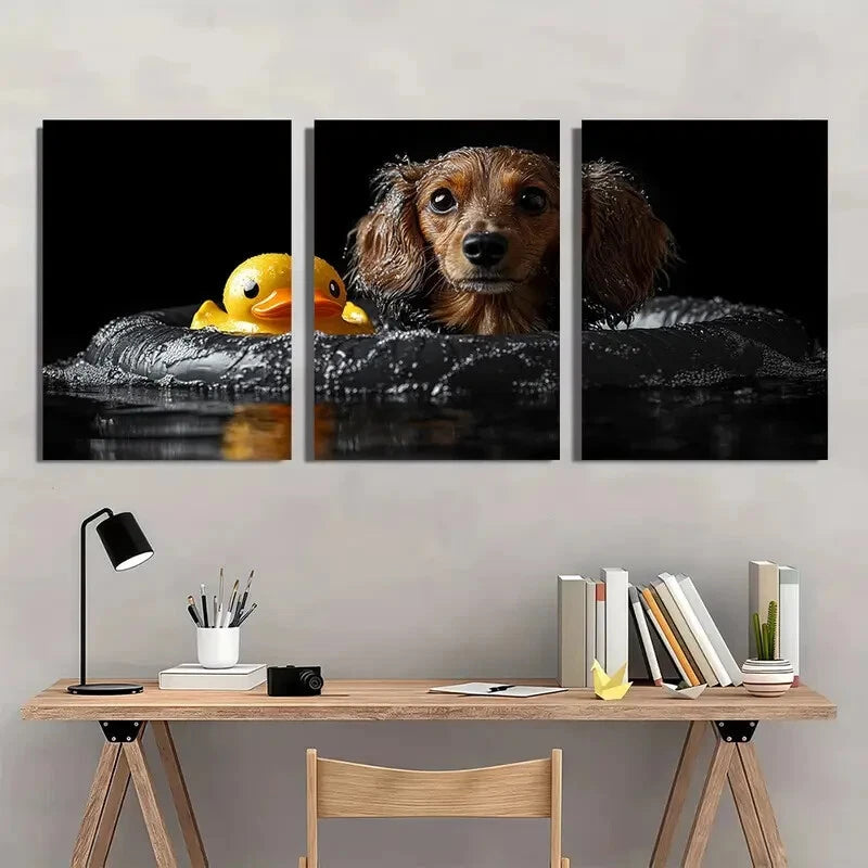 3pcs Whimsical Dog Rubber Duck Tub Metal Print Ready to Hang Art