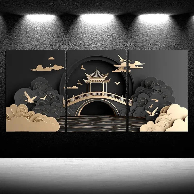 3pcs Beautiful Arch Bridge Golden Themed Metal Print Ready to Hang Art